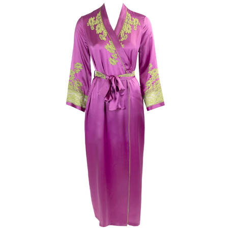 MARJOLAINE Silk and lace Long negligee Chroméa Camelia Raisin/Pomme