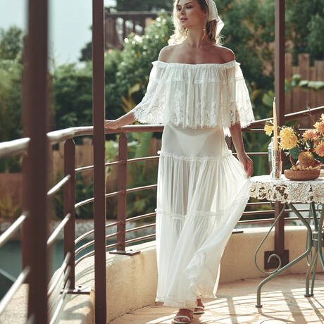 MARJOLAINE Silk and lace Long dress Chroméa Calista Nude