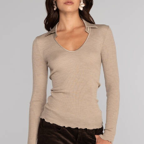OSCALITO Wool and silk Long-sleeve polo shirt Cortina Beige