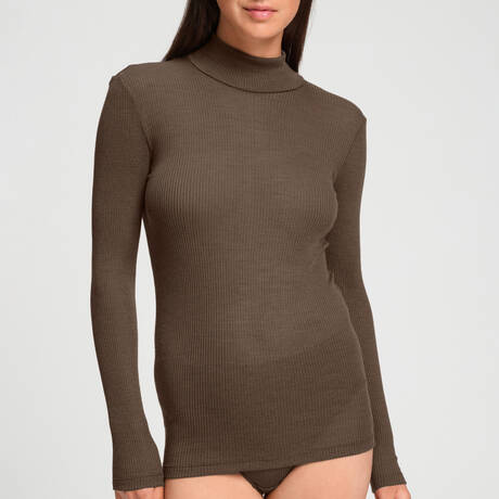 HANRO Wool and silk Turtleneck top Marcia Natural teak