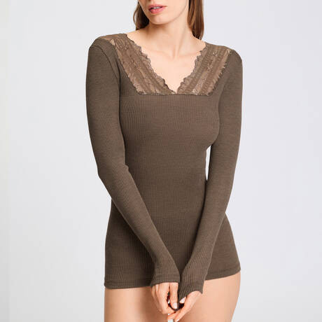 HANRO Wool and silk Long-sleeved tank Marcia Natural Teak
