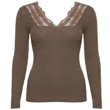 HANRO Top manches longues en laine et soie Marcia Natural Teak