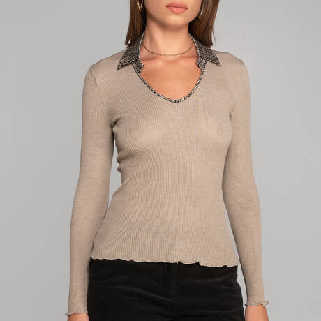 OSCALITO Polo manches longues en laine mérinos et soie Cortina Beige Animalier