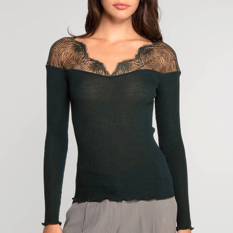 OSCALITO Pull col V en laine mérinos et soie Chantilly Malachite
