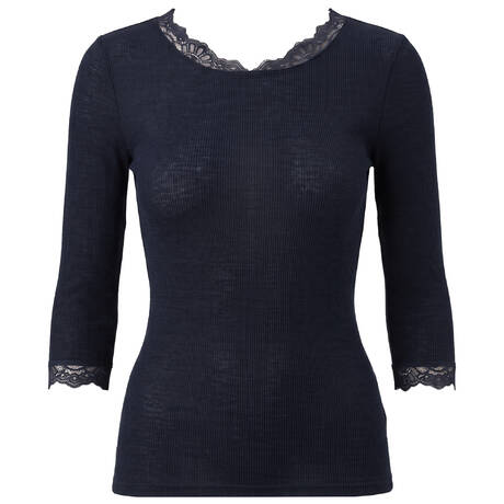 HANRO Top manches 3/4 en laine mérinos et soie Woolen Lace Deep Navy