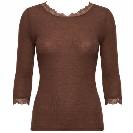 HANRO Top manches 3/4 en laine mérinos et soie Woolen Lace Cinnamon