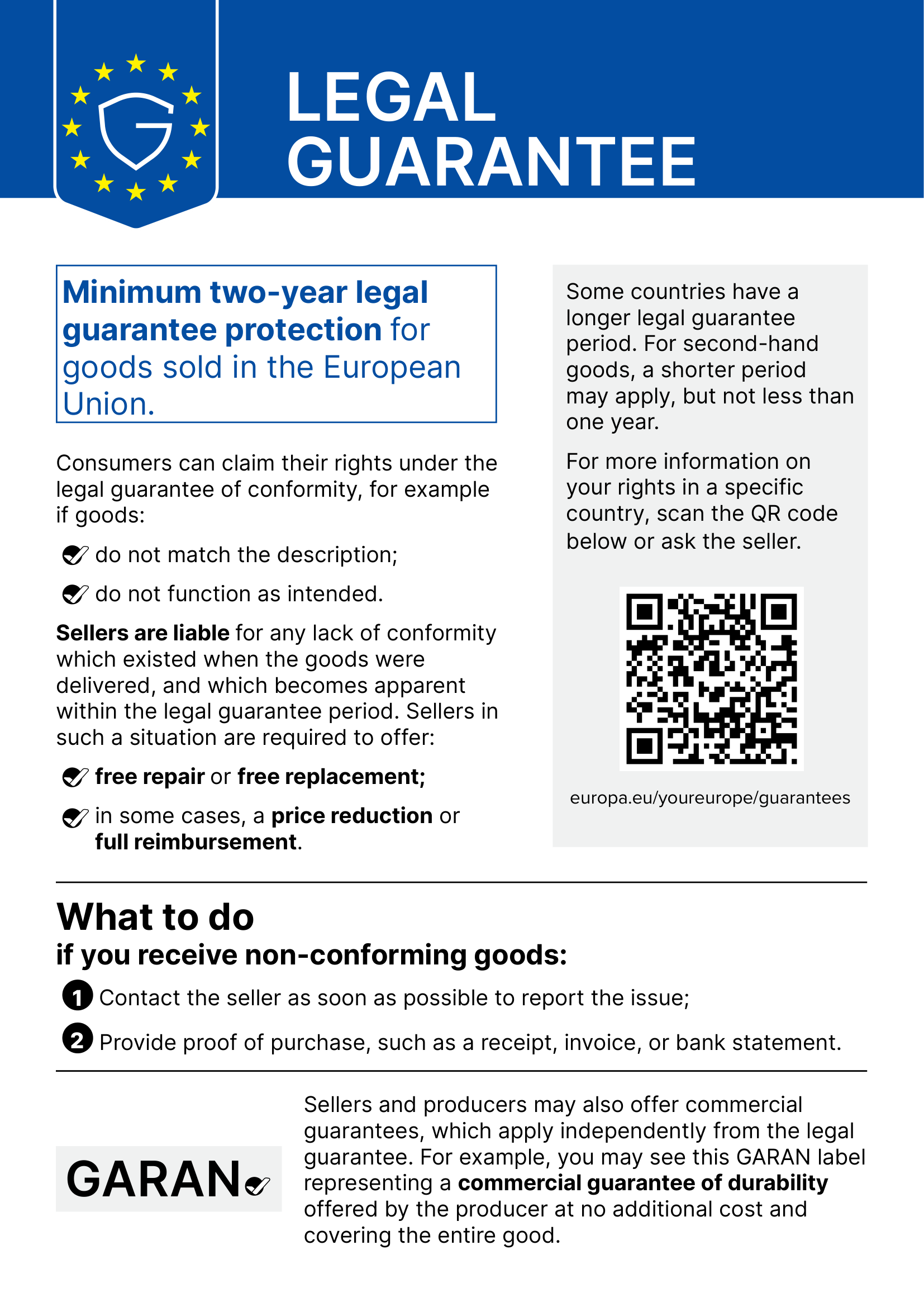 Harmonised notice on the legal guarantee of conformity for European Union consumers